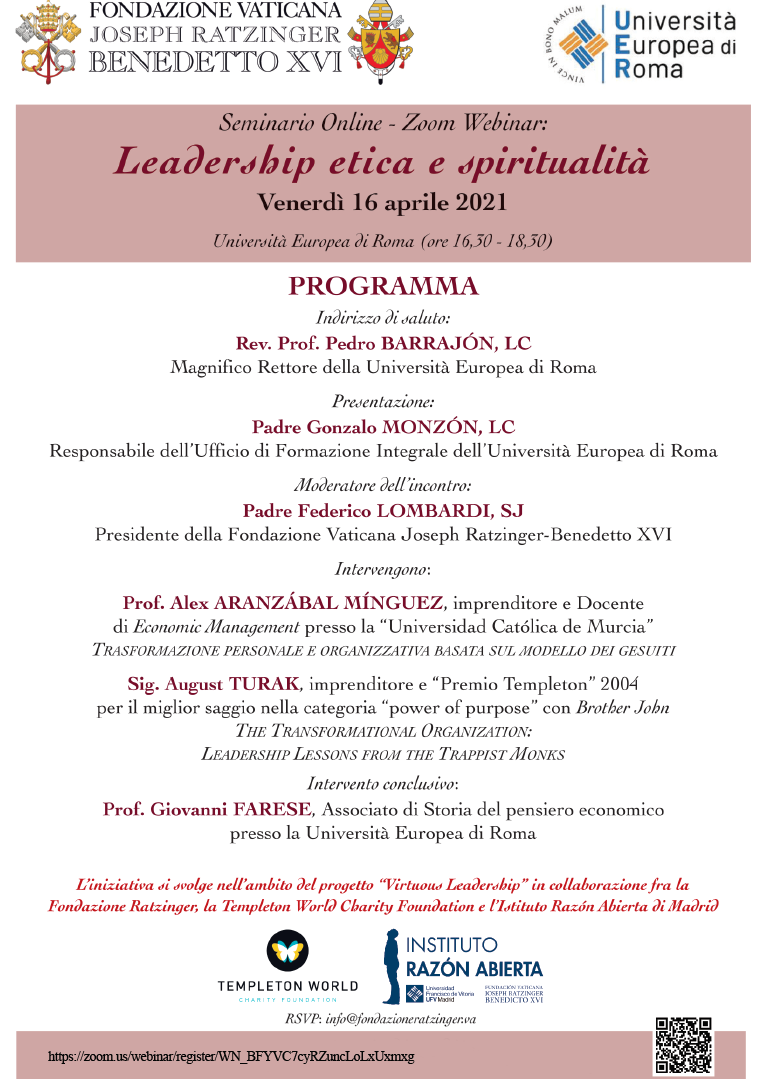 “VIRTUOUS LEADERSHIP”, SEMINARIO ONLINE IL 16 APRILE “VIRTUOUS LEADERSHIP”, SEMINARIO ONLINE IL 16 APRILE